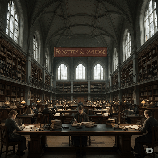 A dimly lit library filled with rows of bookshelves and study tables, featuring individuals engaged in reading and writing. A prominent banner with the words 'Forgotten Knowledge' hangs above the scene, emphasizing the theme of lost information.