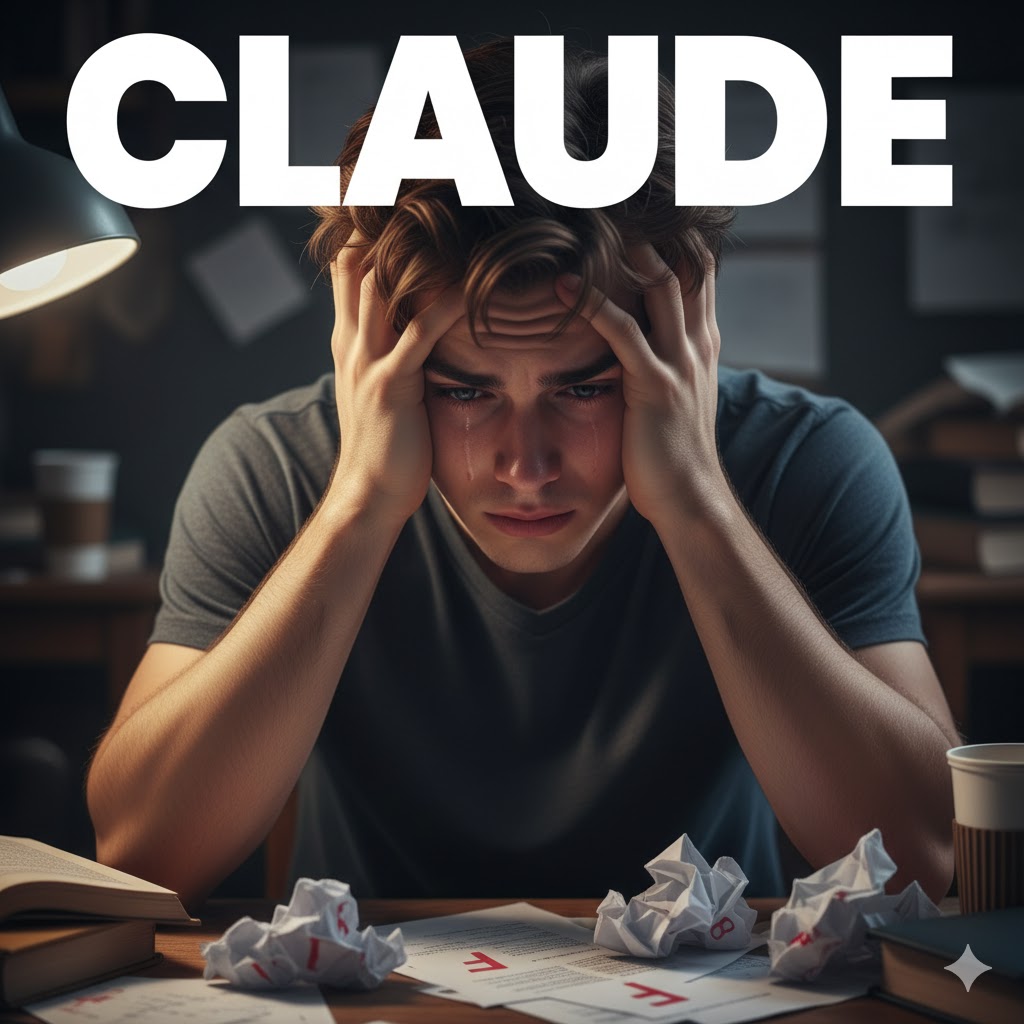 A distressed young man with tears in his eyes, sitting at a desk surrounded by crumpled papers and a book, as a lamp illuminates the scene.