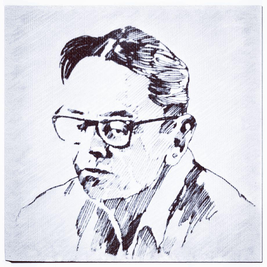 A sketched portrait of Baruch Lender, an Israeli chess problems composer, characterized by his glasses and thoughtful expression.