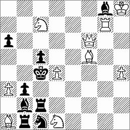 A chessboard displaying a complex position with various black and white pieces, highlighting a specific chess problem scenario.
