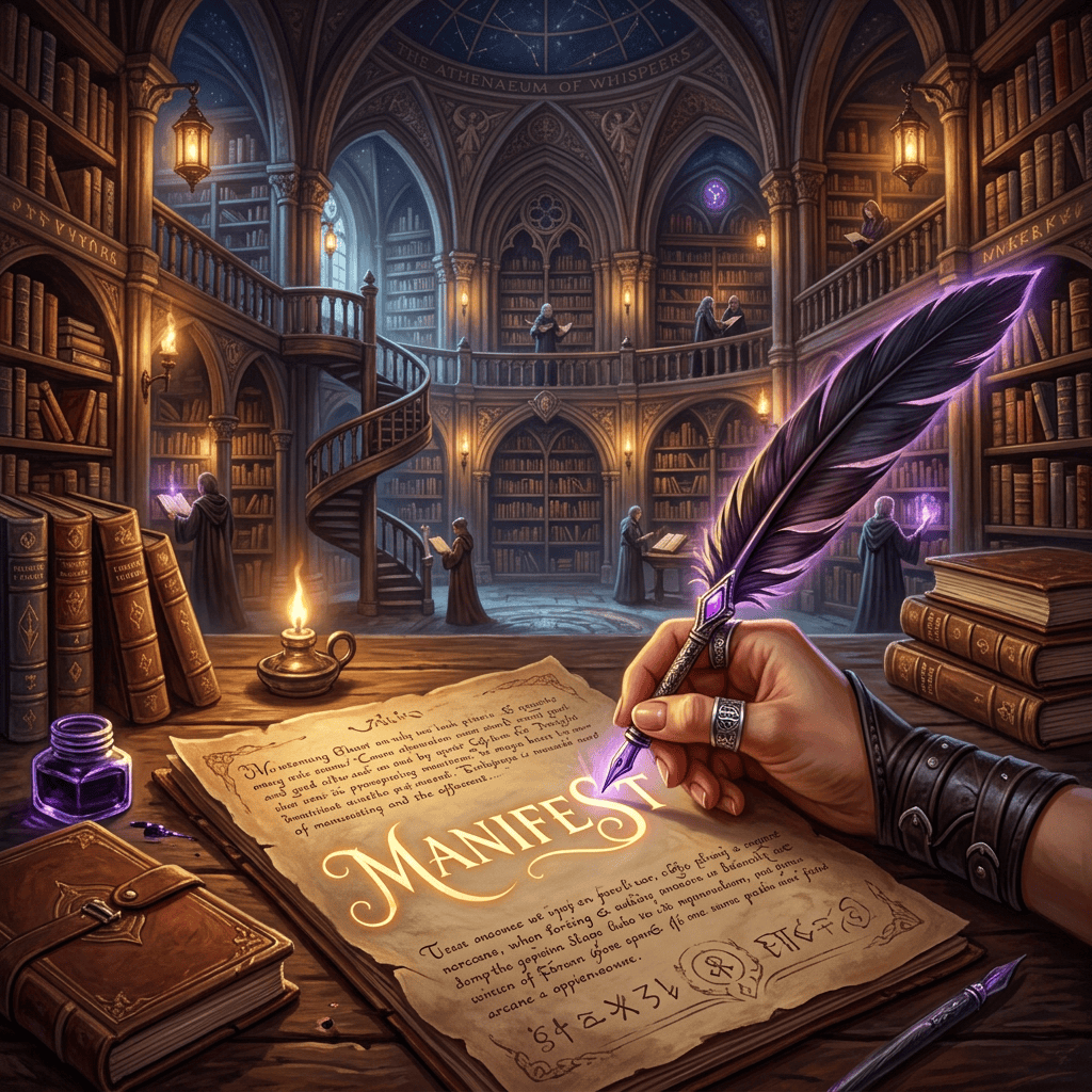 Hand writing “MANIFEST” in an enchanted library labeled “THE ATHENAEUM OF WHISPERS”